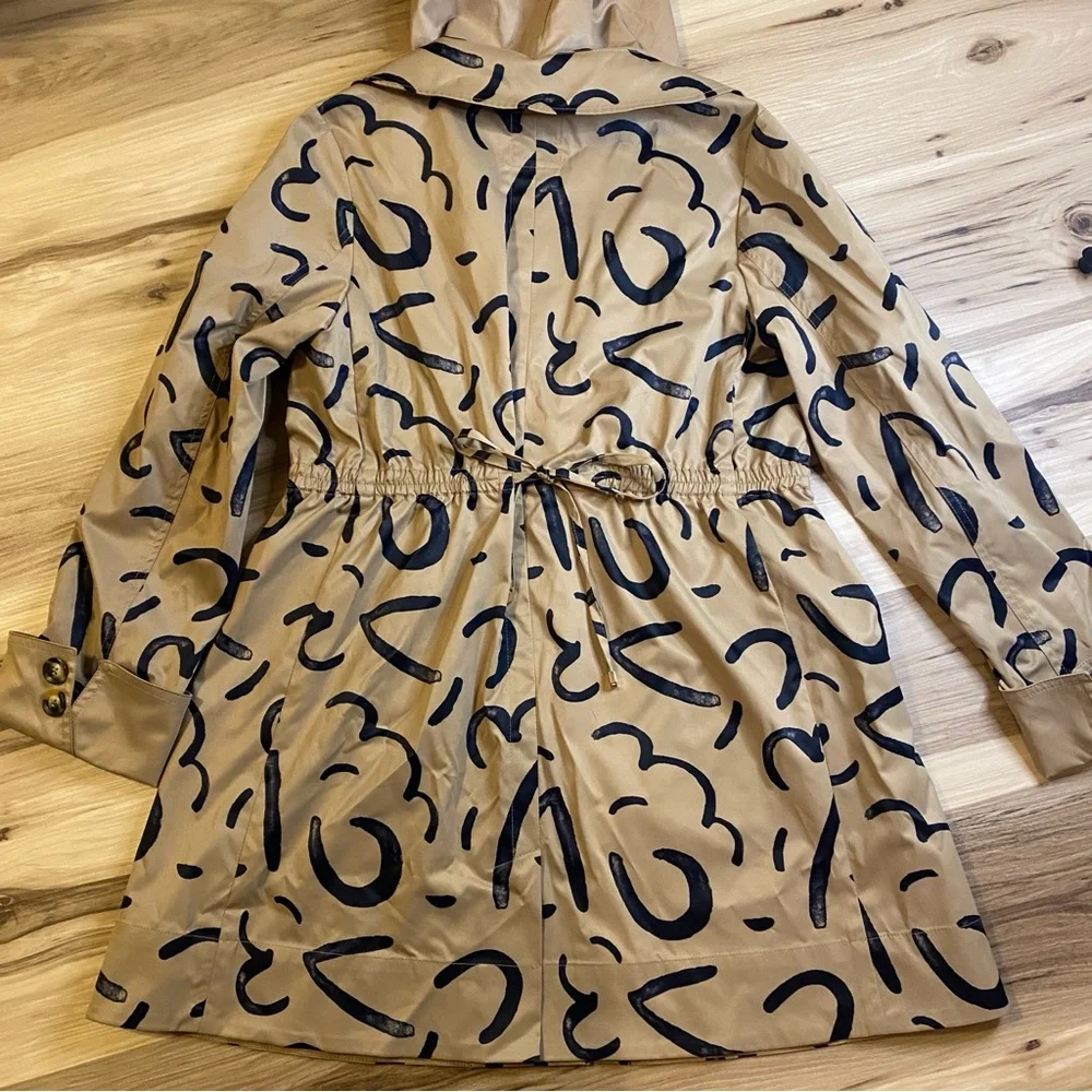 Luii Tan Khaki Abstract Graphic Print Hooded Trench‎ Coat Jacket Women Small